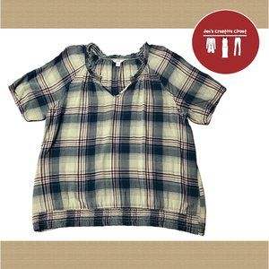 Women's Sonoma Blue Plaid V Neck Short Sleeve Top